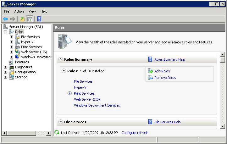 Server Manager with WDS installed and Roles Selected