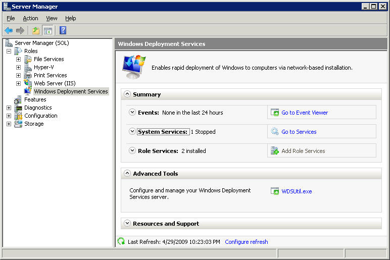 Server Manager with WDS installed and selected
