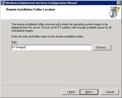 Page 2 (Remote Installation Folder Location) of the Windows Deployment Services Configuration Wizard (post roll install)