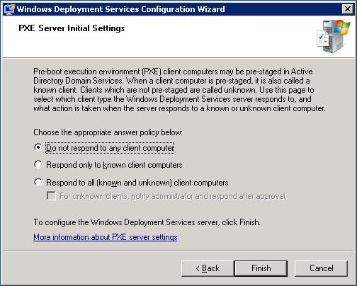 Page 3 (PXE Server Initial Settings) of the Windows Deployment Services Configuration Wizard (post roll install)