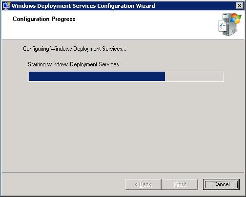 Page 4 (Configuration Progress) of the Windows Deployment Services Configuration Wizard (post roll install)