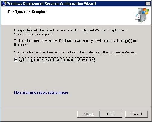 Page 5 (Configuration Complete) of the Windows Deployment Services Configuration Wizard (post roll install)