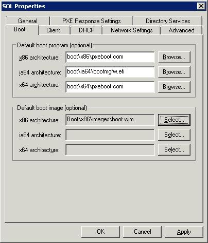 Server Properties - Boot tab with Default Image